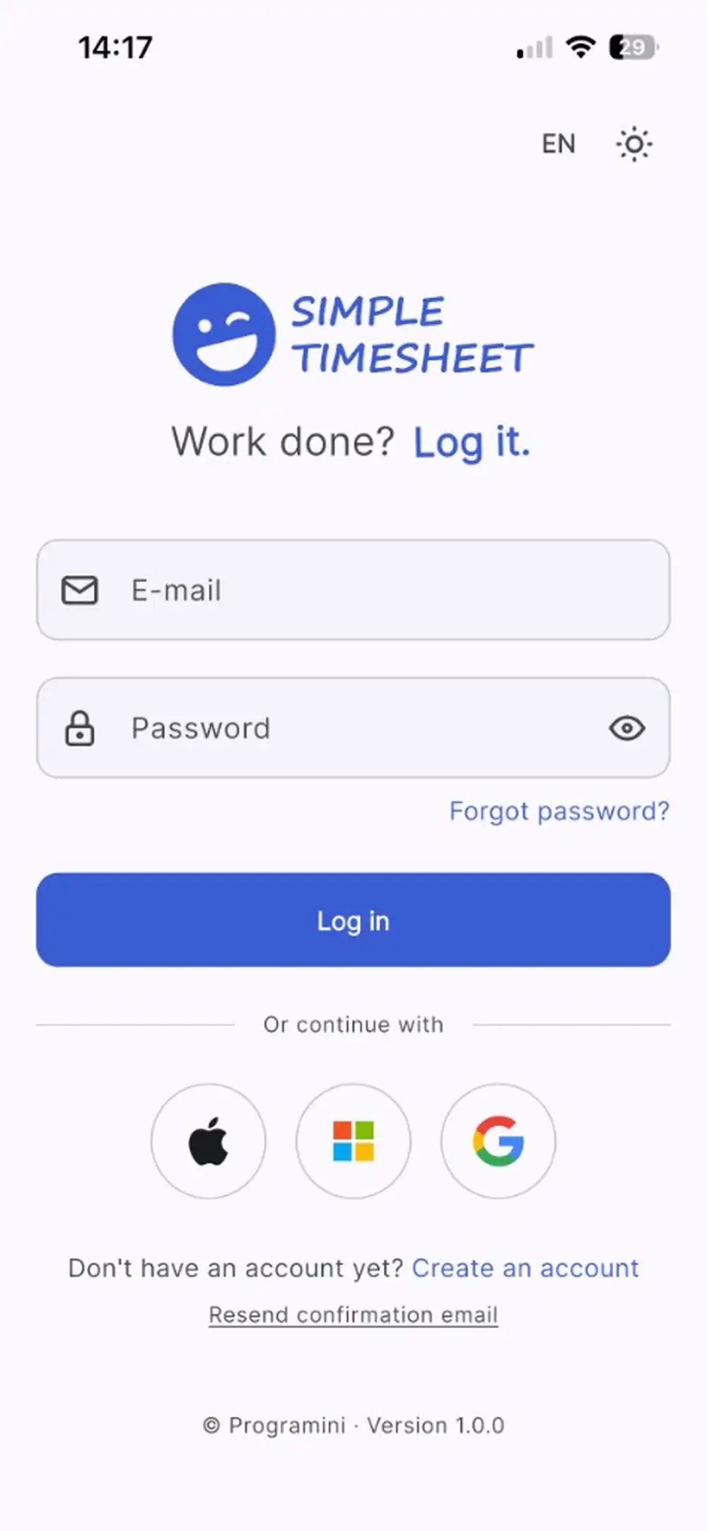 Sign-in screen of the Simple Timesheet mobile app