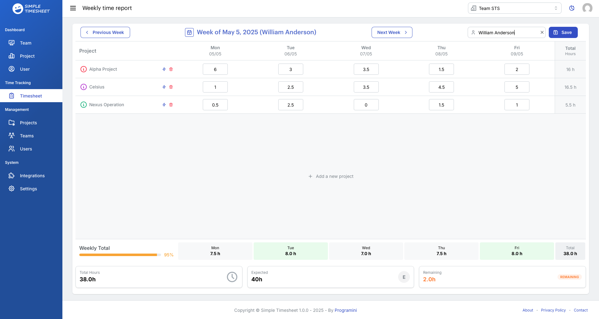 Simple Timesheet dashboard, weekly time report view